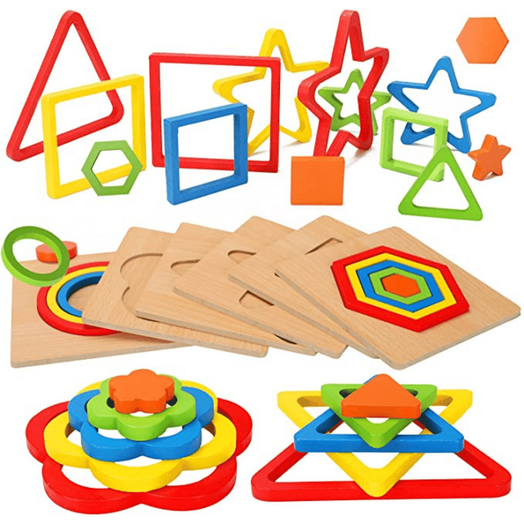 Colorful nesting puzzle pieces with wooden boards, including flower, triangle, square, star, and hexagon shapes
