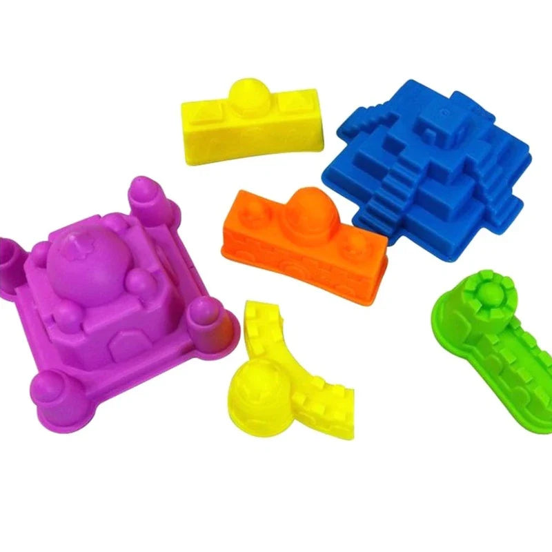 Colorful plastic sand molds in palace, pyramid, tower, and wall shapes