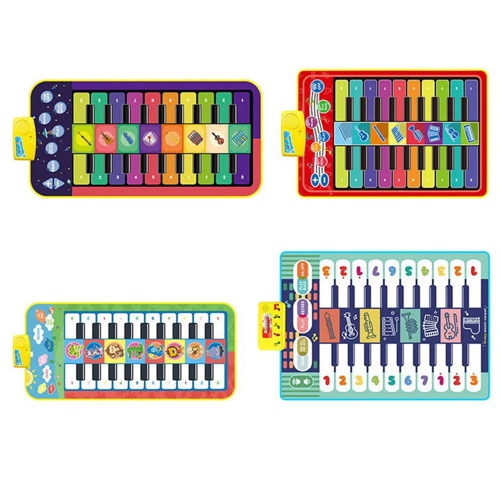 Four piano play mat designs with colorful keys and instrument illustrations
