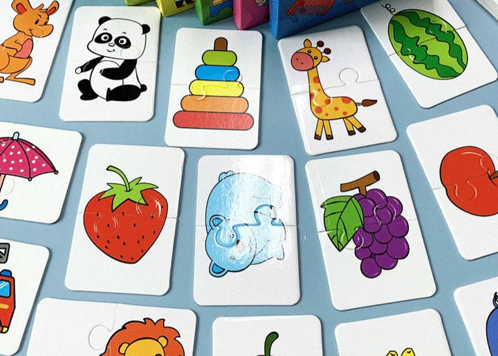 Picture puzzle cards featuring animals, fruit, and everyday objects