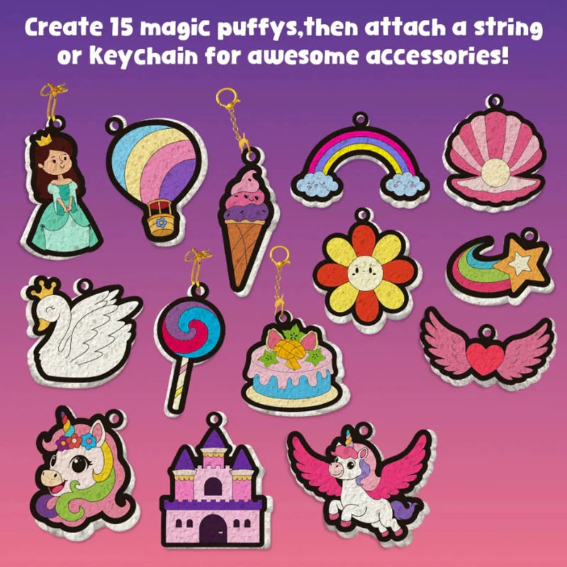Fifteen colored princess-theme paper charms, including a castle, rainbow, unicorns, and treats
