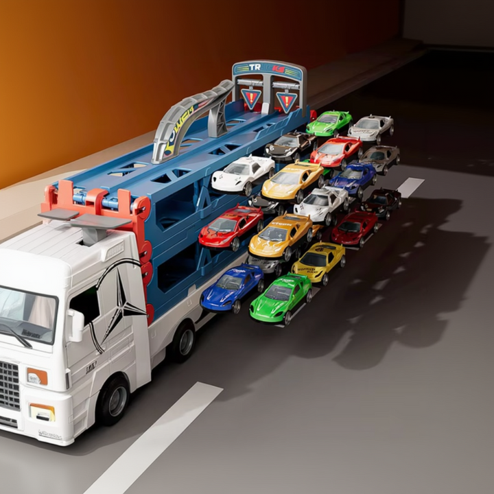 Blue car transporter loaded with colorful cars across its open side decks