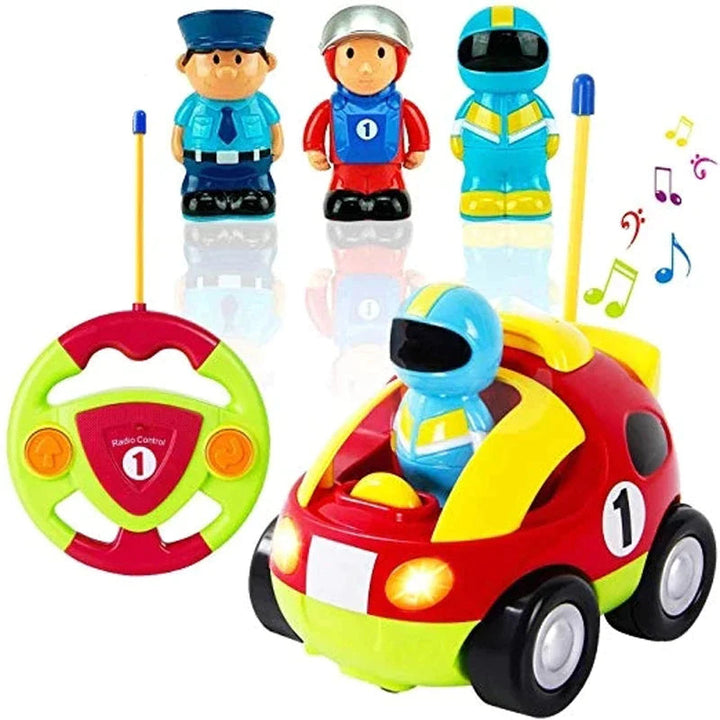 Colorful RC race car with a steering-wheel-shaped remote and three character driver figures.