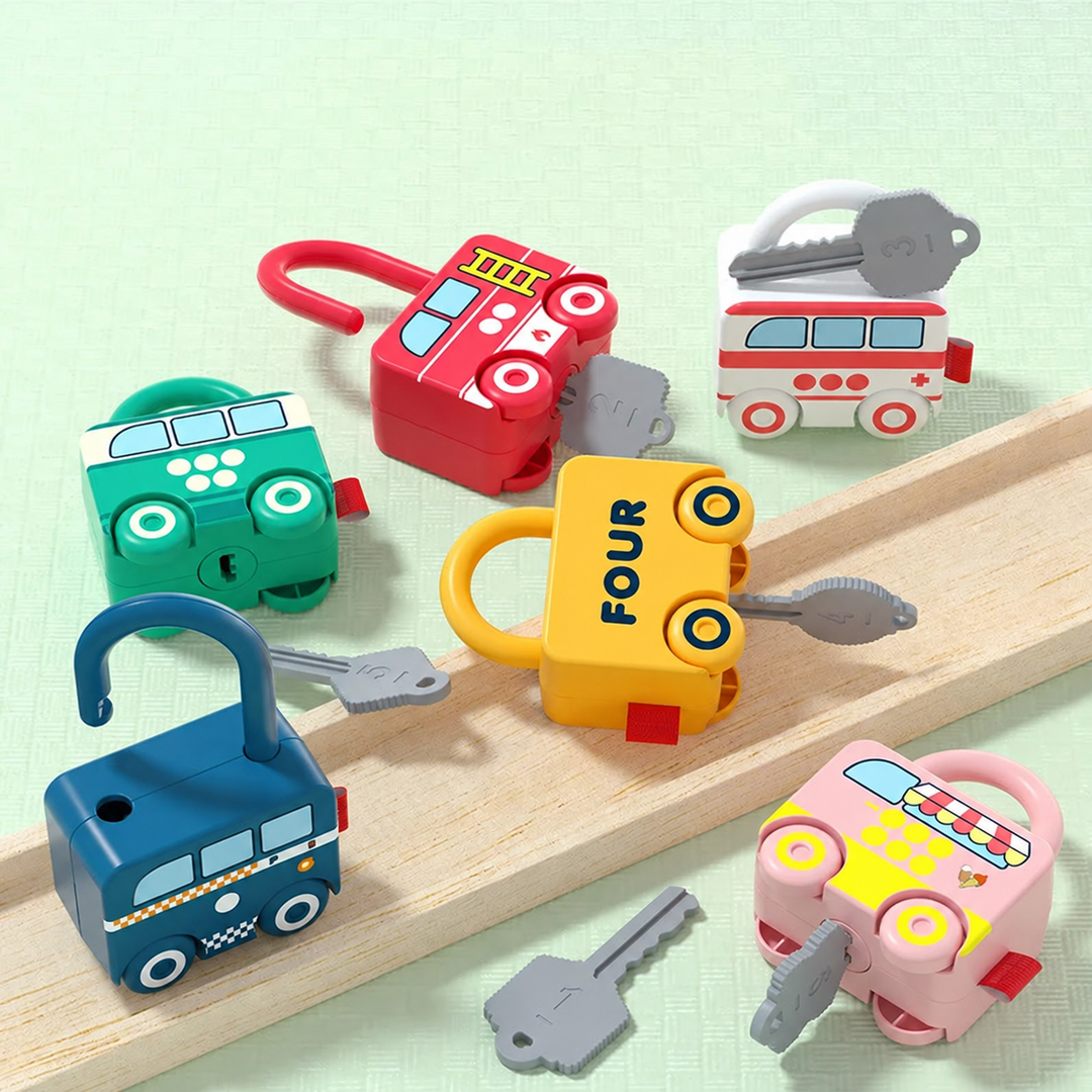 Six vehicle-shaped locks, several with open loops, arranged with gray keys around a wooden tray.