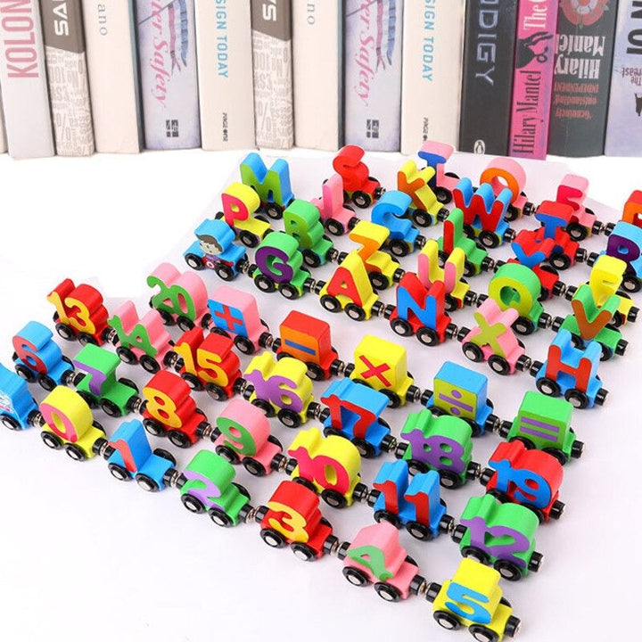 Colorful wooden letter and number train cars arranged in rows.