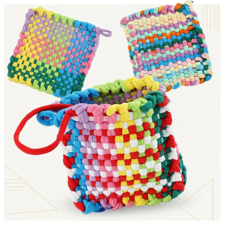 Two multicolor woven squares displayed above a small woven pouch