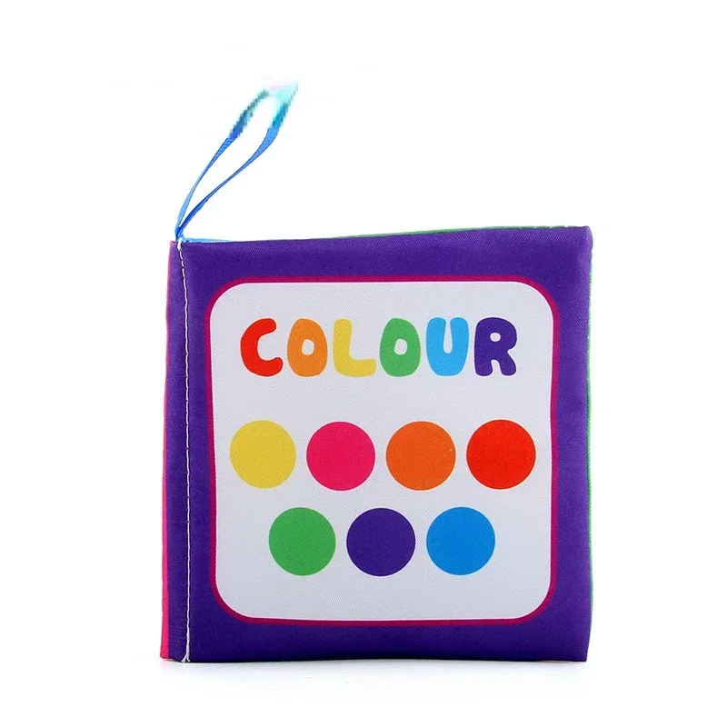 Purple color fabric book cover with colored circles and a blue loop