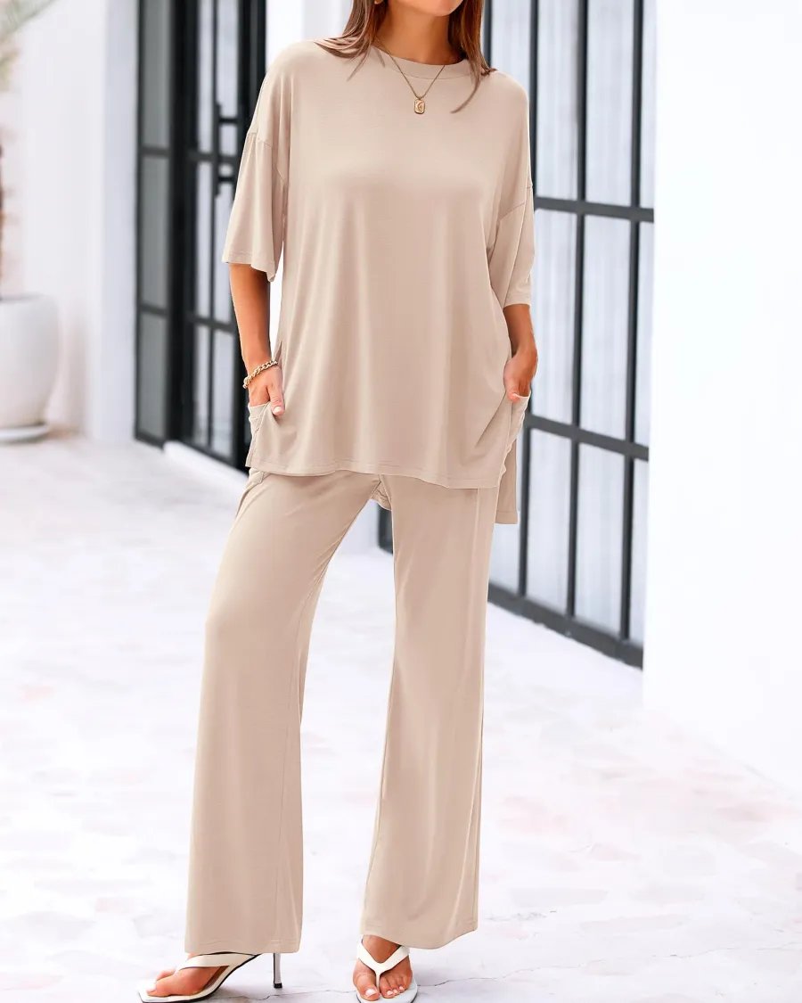 Comfort Two Piece Lounge Set Wide Leg Pocket Pants Product Image 01