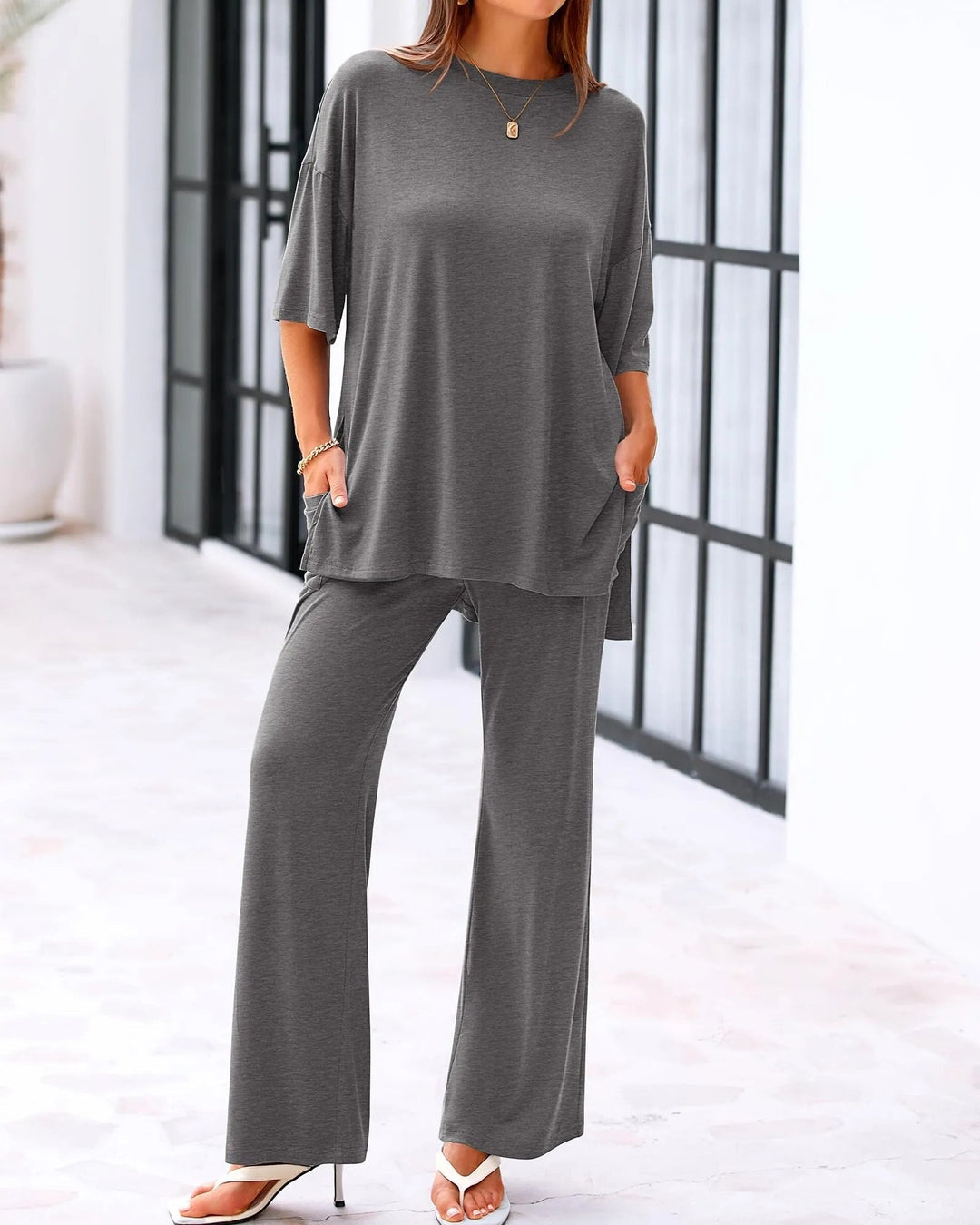 Comfort Two Piece Lounge Set Wide Leg Pocket Pants Product Image 02