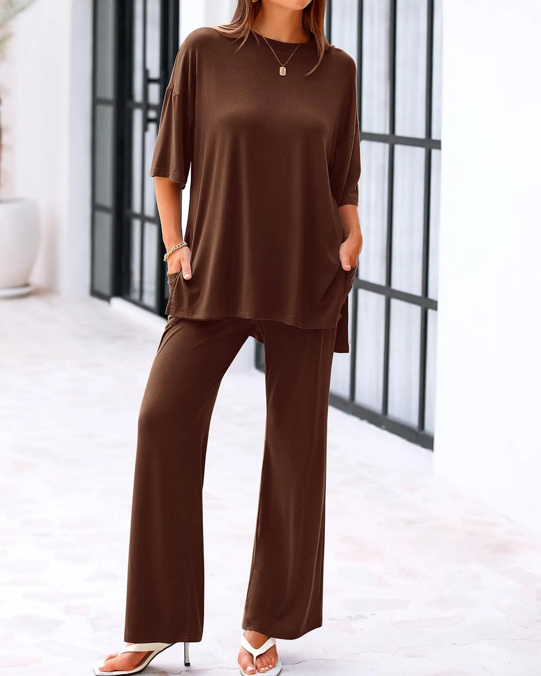 Comfort Two Piece Lounge Set Wide Leg Pocket Pants Product Image 05