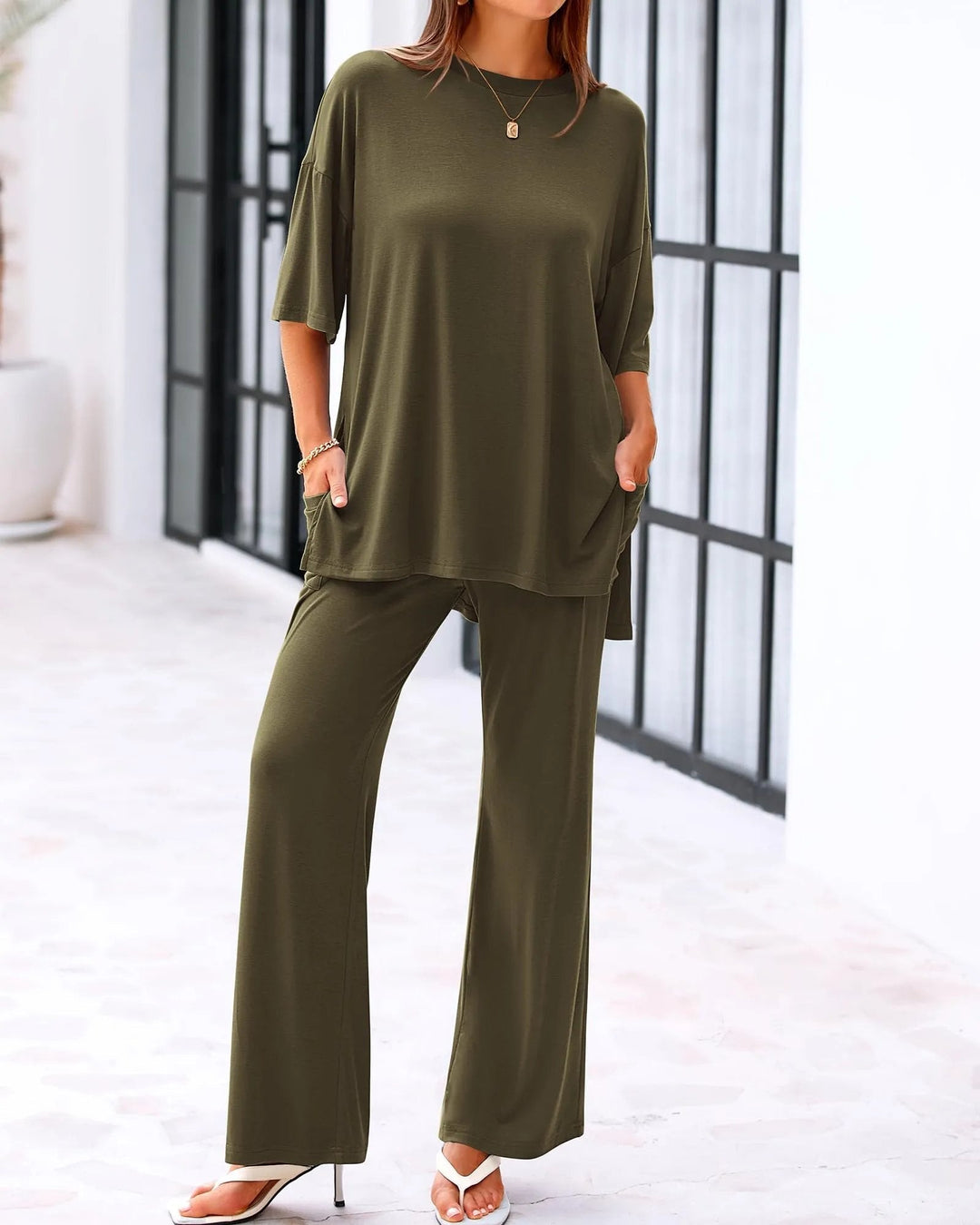 Comfort Two Piece Lounge Set Wide Leg Pocket Pants Product Image 12