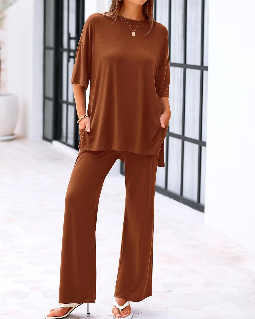 Comfort Two Piece Lounge Set Wide Leg Pocket Pants Product Image 13