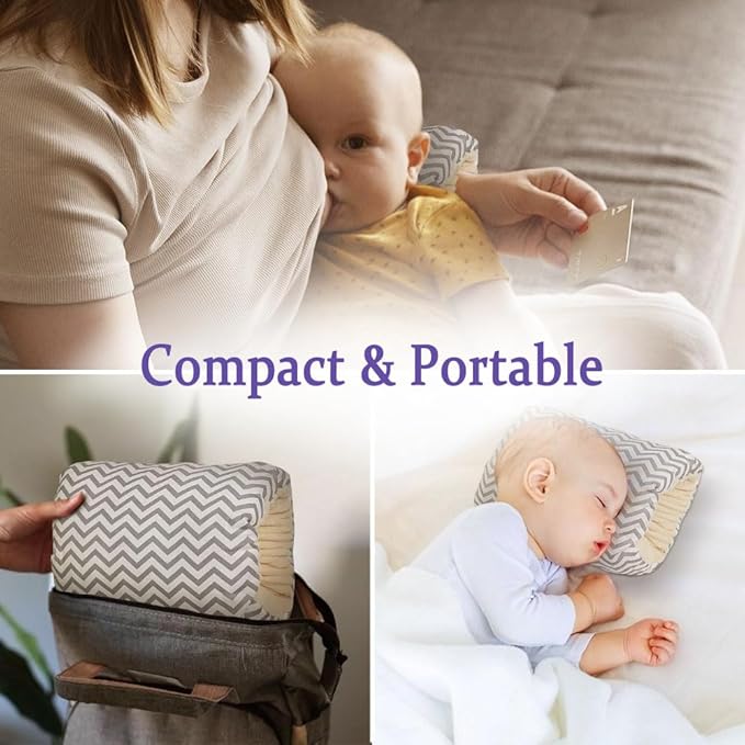 Nursing pillow collage showing use during feeding and storage in a diaper bag.