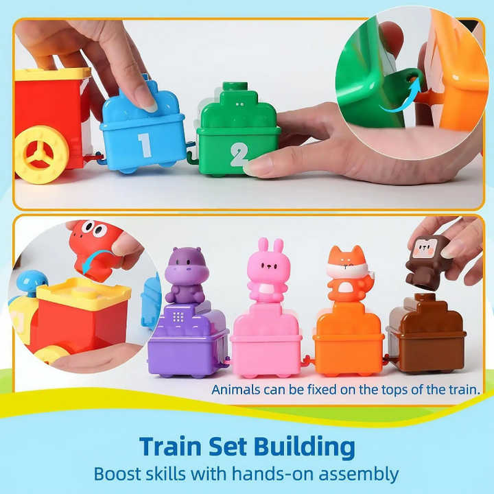 Hands connecting train wagons and placing animal figures on top