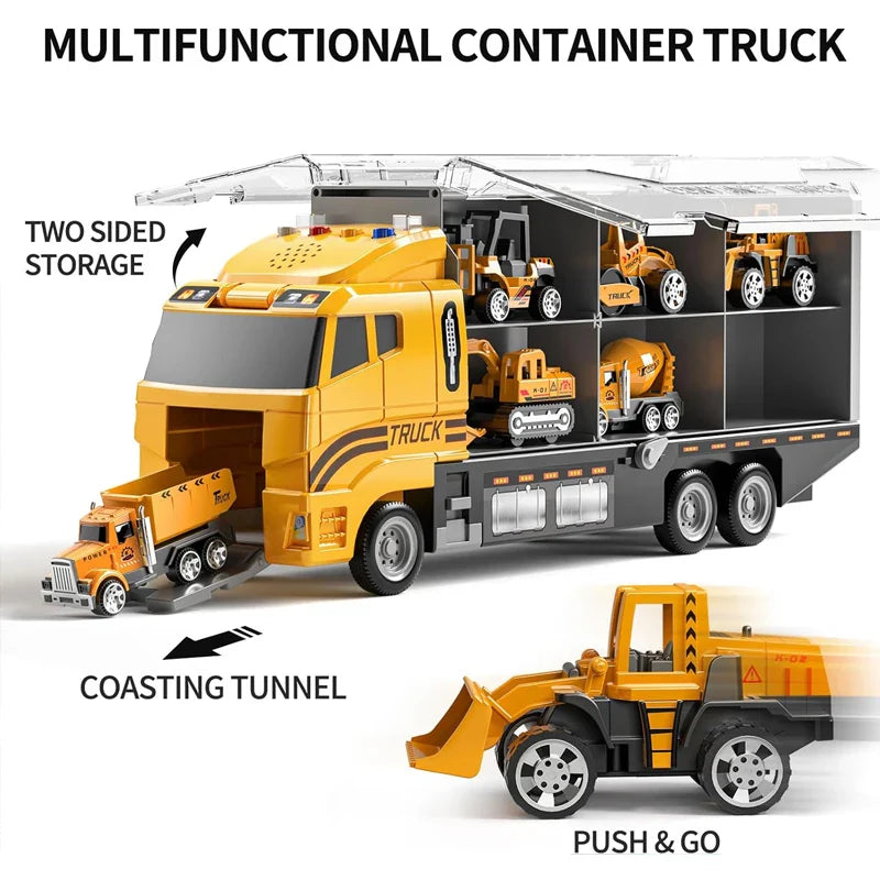 Yellow toy truck diagram showing two-sided storage, a front tunnel, and push-and-go play.