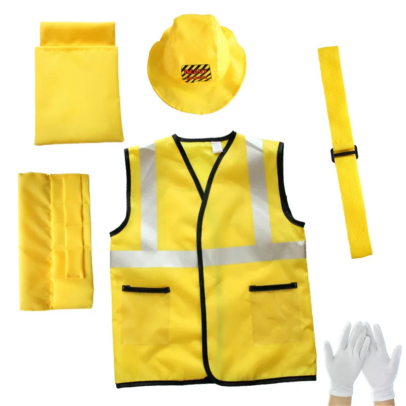 Yellow construction dress-up vest, play hard hat, gloves, belt, and matching storage pouches.