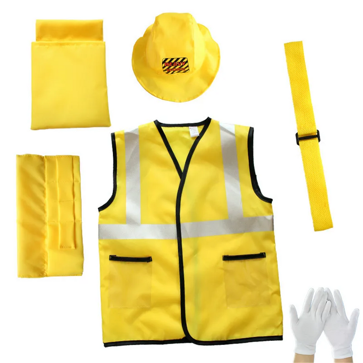 Yellow construction dress-up vest, play hard hat, gloves, belt, and matching storage pouches.