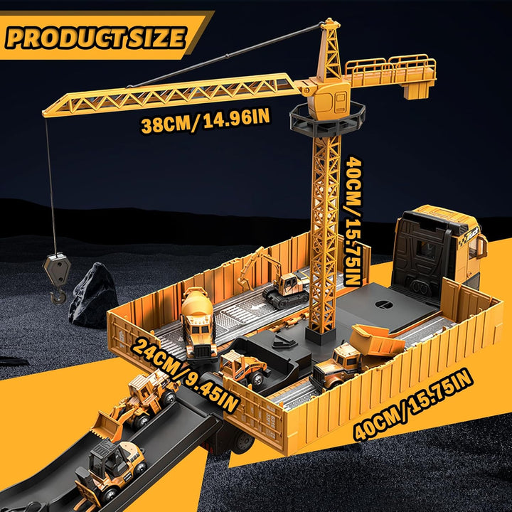 Construction playset measurement graphic showing the crane height, arm length, and play area dimensions