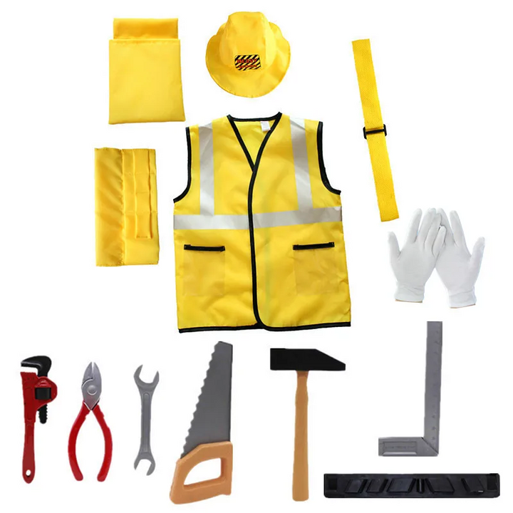 Construction Set B with a yellow vest, hat, gloves, belt, pouches, and a pretend tool assortment.