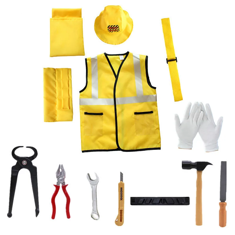 Construction Set C with a yellow vest, hat, gloves, belt, pouches, and assorted play tools.