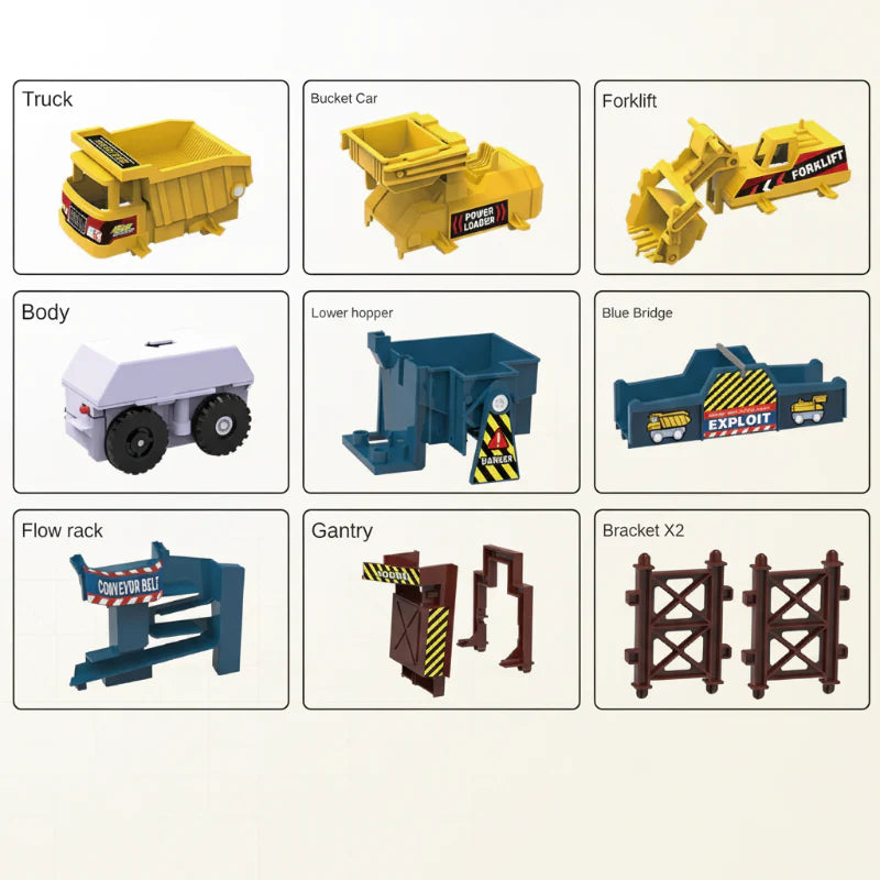 Construction vehicle parts and station components, including a hopper, gantry, and two support brackets