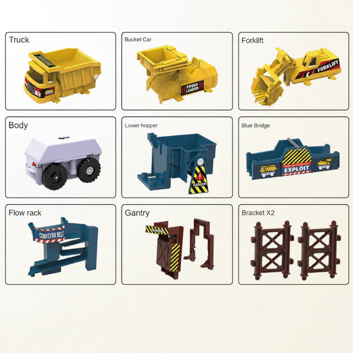 Construction vehicle parts and station components, including a hopper, gantry, and two support brackets