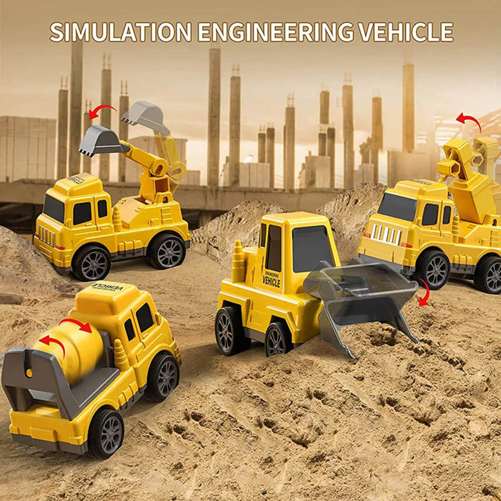 Yellow construction toy vehicles with arrows showing movable working parts
