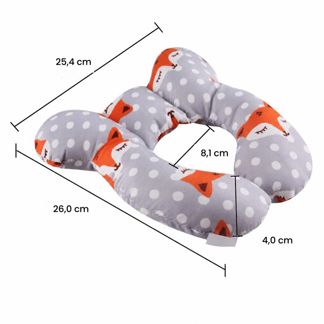 Fox-print pillow diagram showing 26 x 25.4 x 4 cm dimensions and an 8.1 cm center opening