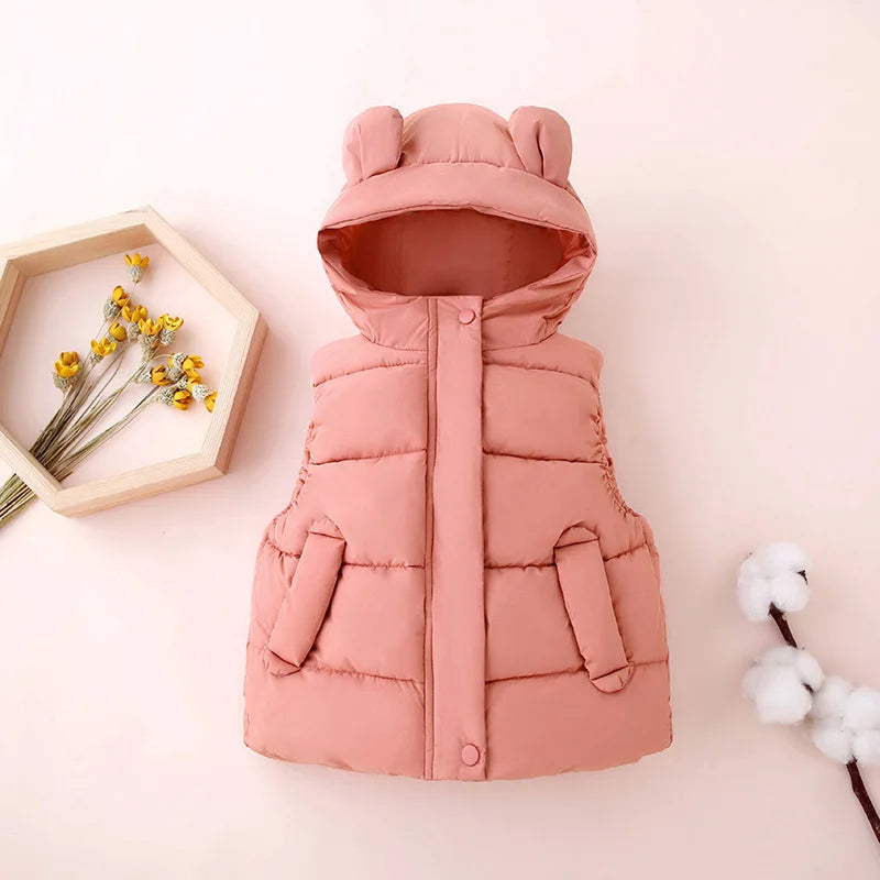 Coral-red hooded puffer vest with rounded bear ears and two front pockets
