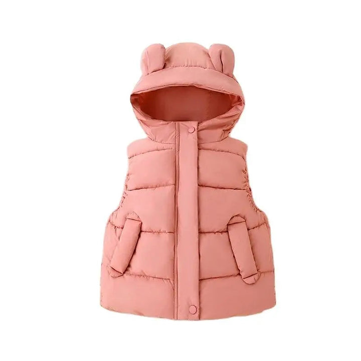 Front view of a coral-red puffer vest with bear ears and two pockets