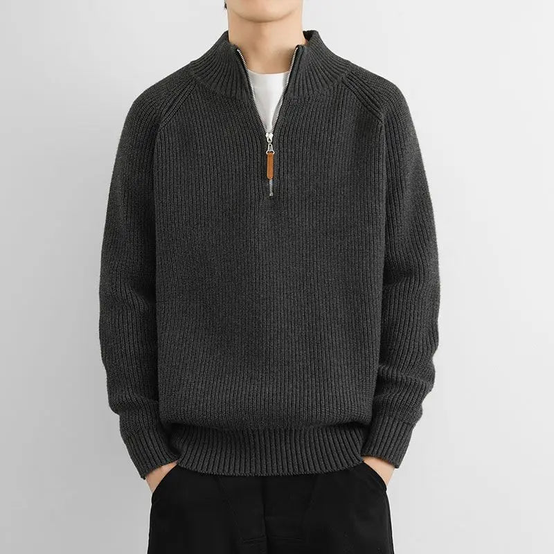 Corven Ribbed Half - Zip Sweater — Warm Knit Pullover with Leather Zip Pull (Black S) - | Zavonix