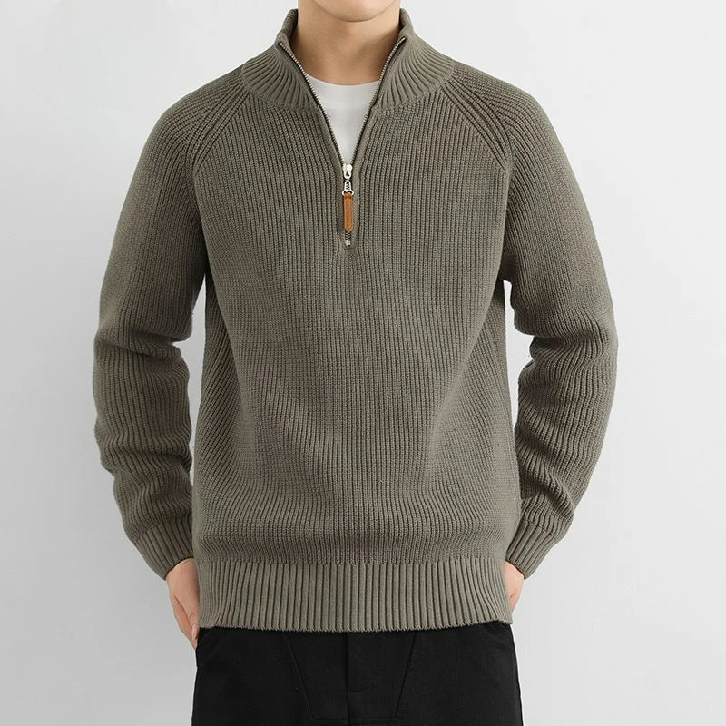 Corven Ribbed Half - Zip Sweater — Warm Knit Pullover with Leather Zip Pull (Black S) - | Zavonix