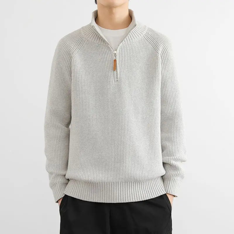 Corven Ribbed Half - Zip Sweater — Warm Knit Pullover with Leather Zip Pull (Black S) - | Zavonix