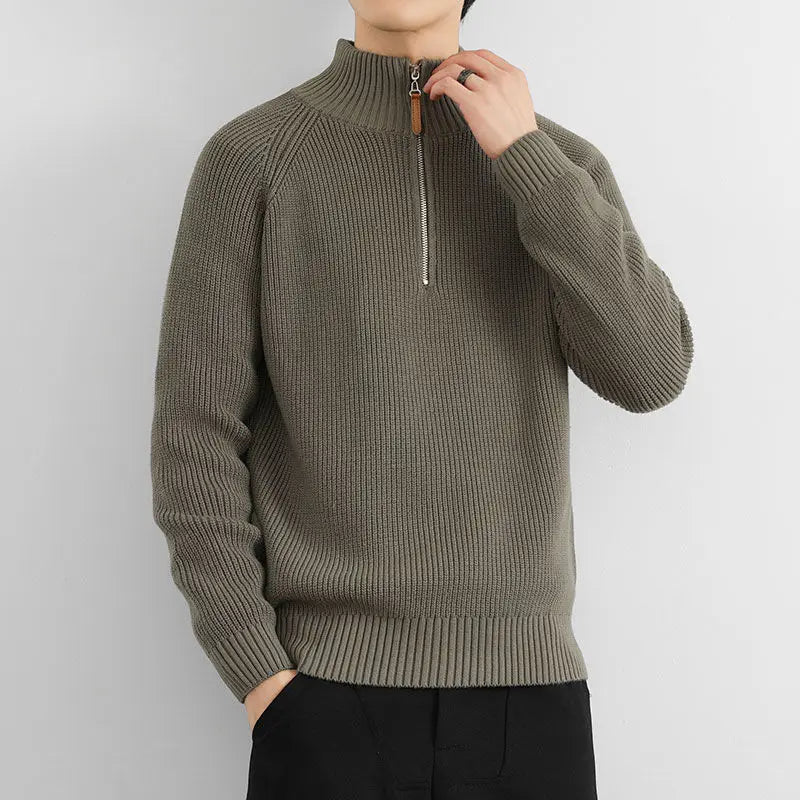 Corven Ribbed Half - Zip Sweater — Warm Knit Pullover with Leather Zip Pull (Green S) - | Zavonix