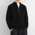 Corven Ribbed Half - Zip Sweater — Warm Knit Pullover with Leather Zip Pull (Black S) - | Zavonix