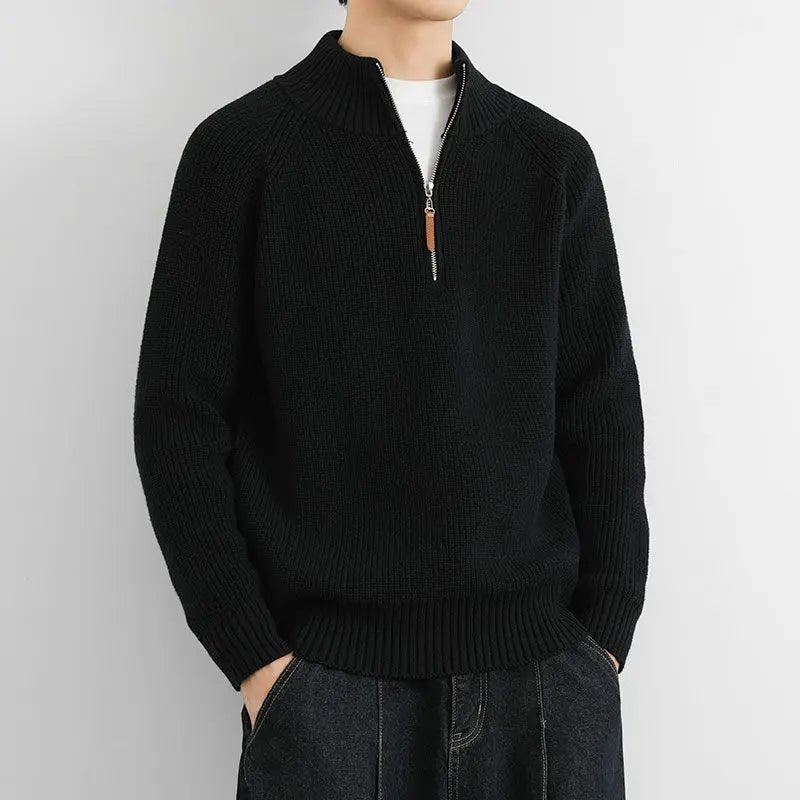 Corven Ribbed Half - Zip Sweater — Warm Knit Pullover with Leather Zip Pull (Black S) - | Zavonix