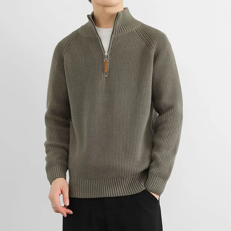 Corven Ribbed Half - Zip Sweater — Warm Knit Pullover with Leather Zip Pull (Green S) - | Zavonix