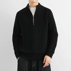 Corven Ribbed Half - Zip Sweater — Warm Knit Pullover with Leather Zip Pull (Black S) - | Zavonix