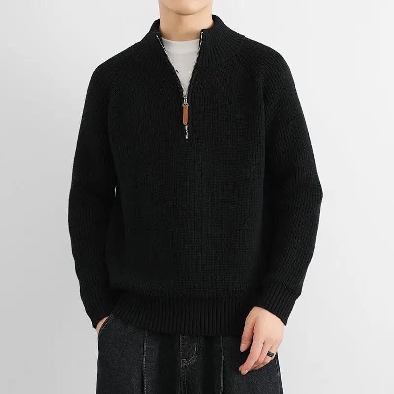 Corven Ribbed Half - Zip Sweater — Warm Knit Pullover with Leather Zip Pull (Black S) - | Zavonix
