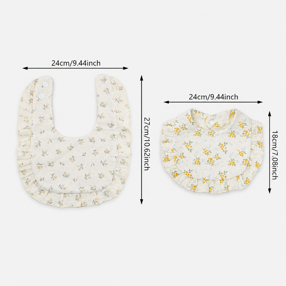 Baby bib measurement chart showing 24 cm width, 27 cm open length, and 18 cm fastened length