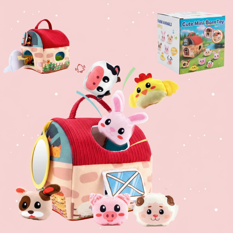 Cotton farmhouse with a red carry handle and six plush farm animals