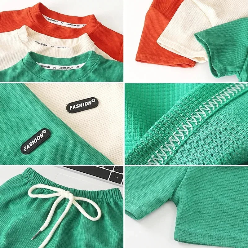 Detail collage showing crew necklines, chest patches, stitching and a drawstring waistband