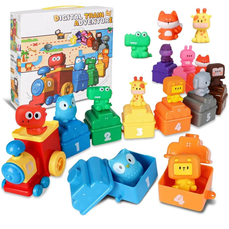 Colorful number train set with removable animal figures, open train cars, and packaging