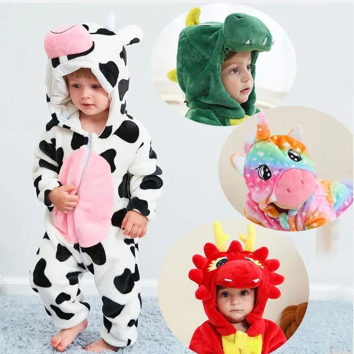 Hooded cow onesie with close-up views of green dragon, unicorn, and red dragon hoods