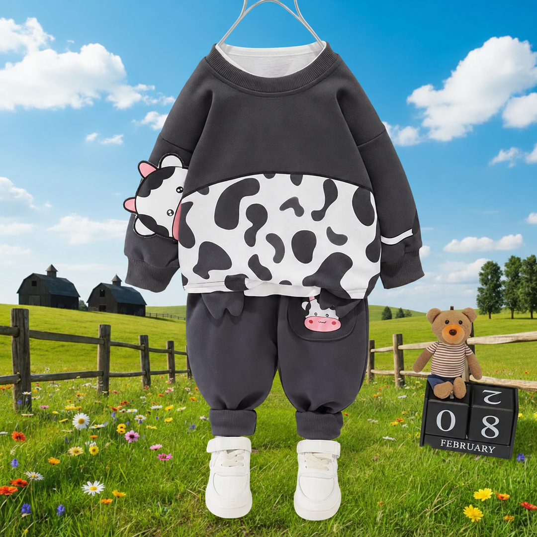 Black-and-white cow sweater paired with dark pants with a small cow detail.