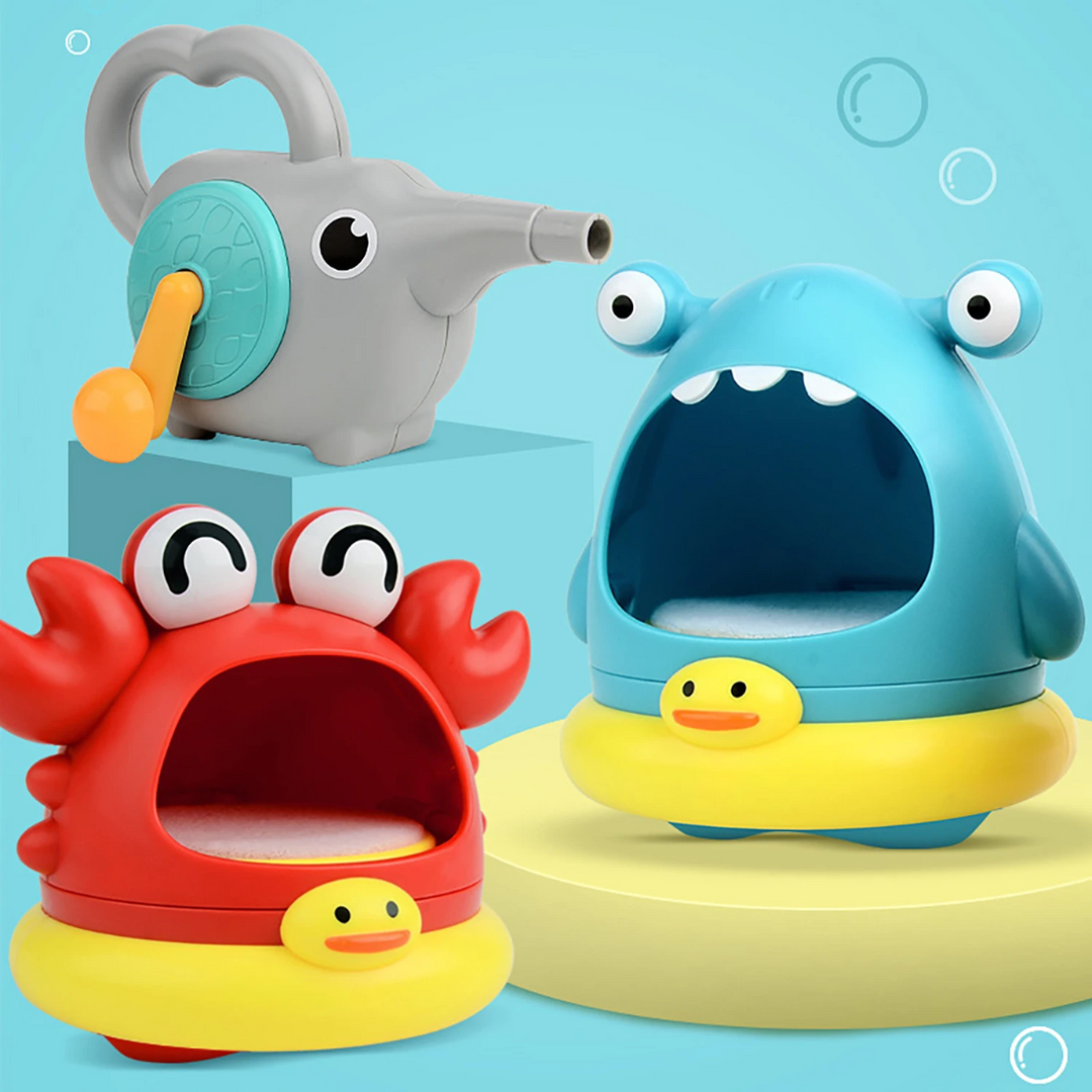 Red crab and blue monster bubble bath toys beside an elephant-shaped hand-crank blower