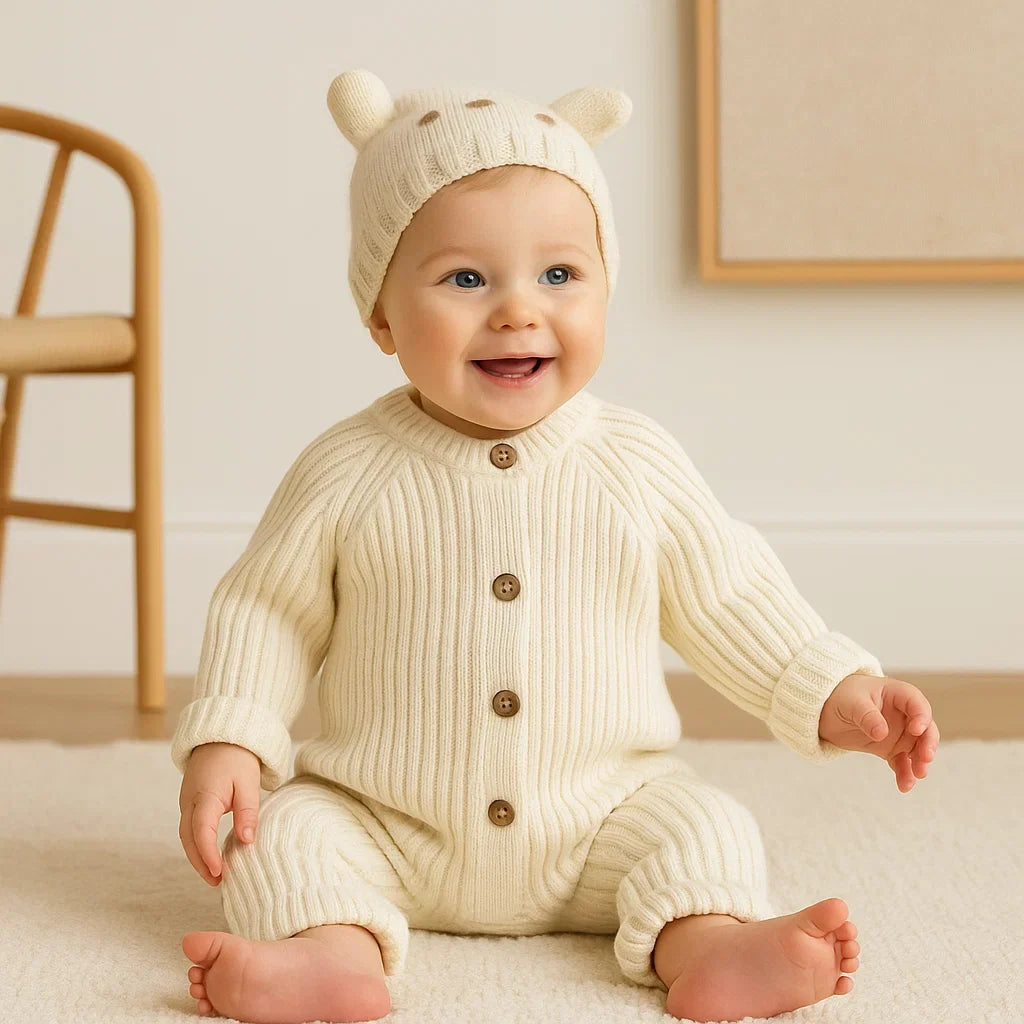 Seated baby wearing a cream ribbed romper with a button-front closure
