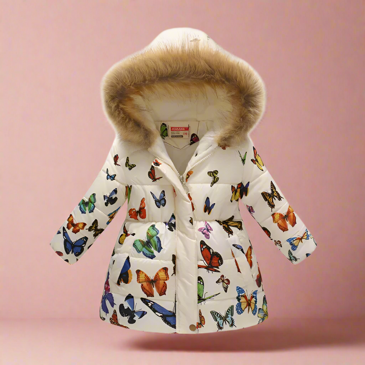 Cream winter coat with multicolored butterflies and fluffy hood trim, shown from the front
