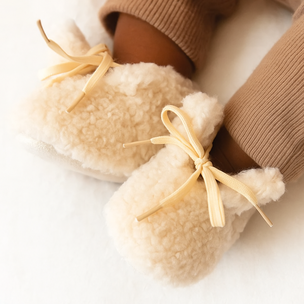 Cream-colored plush baby shoes with bow-tied laces worn with brown pants