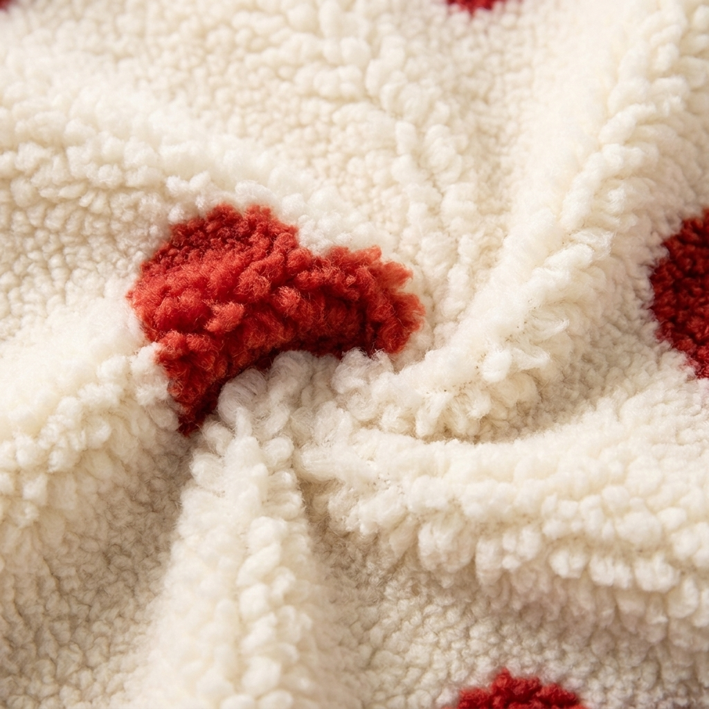 Close-up of cream Berber fleece with a raised red heart pattern